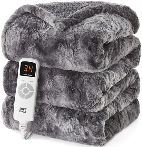 EHEYCIGA Electric Heated Throw Blanket 50"x60", Faux fur & sherpa , Grey