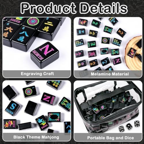 162 Black American Mahjong Tiles Set & Storage Bag, Dice, 1.2" Travel Gift