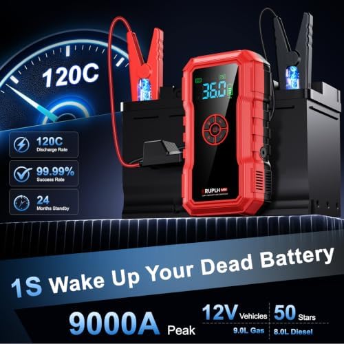 Portable Car Battery Jump Starter with Air Compressor - 9000A 150PSI
