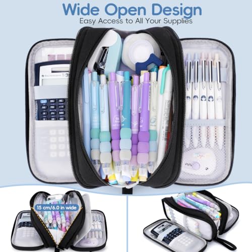 Pencil Case Large Capacity, 3 Compartment Black Big Pen Pouch with Zipper