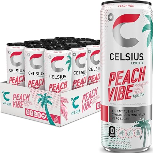 CELSIUS PEACH VIBE Sparkling White Peach, Sugar Free Energy Drink, 12 Fl Oz