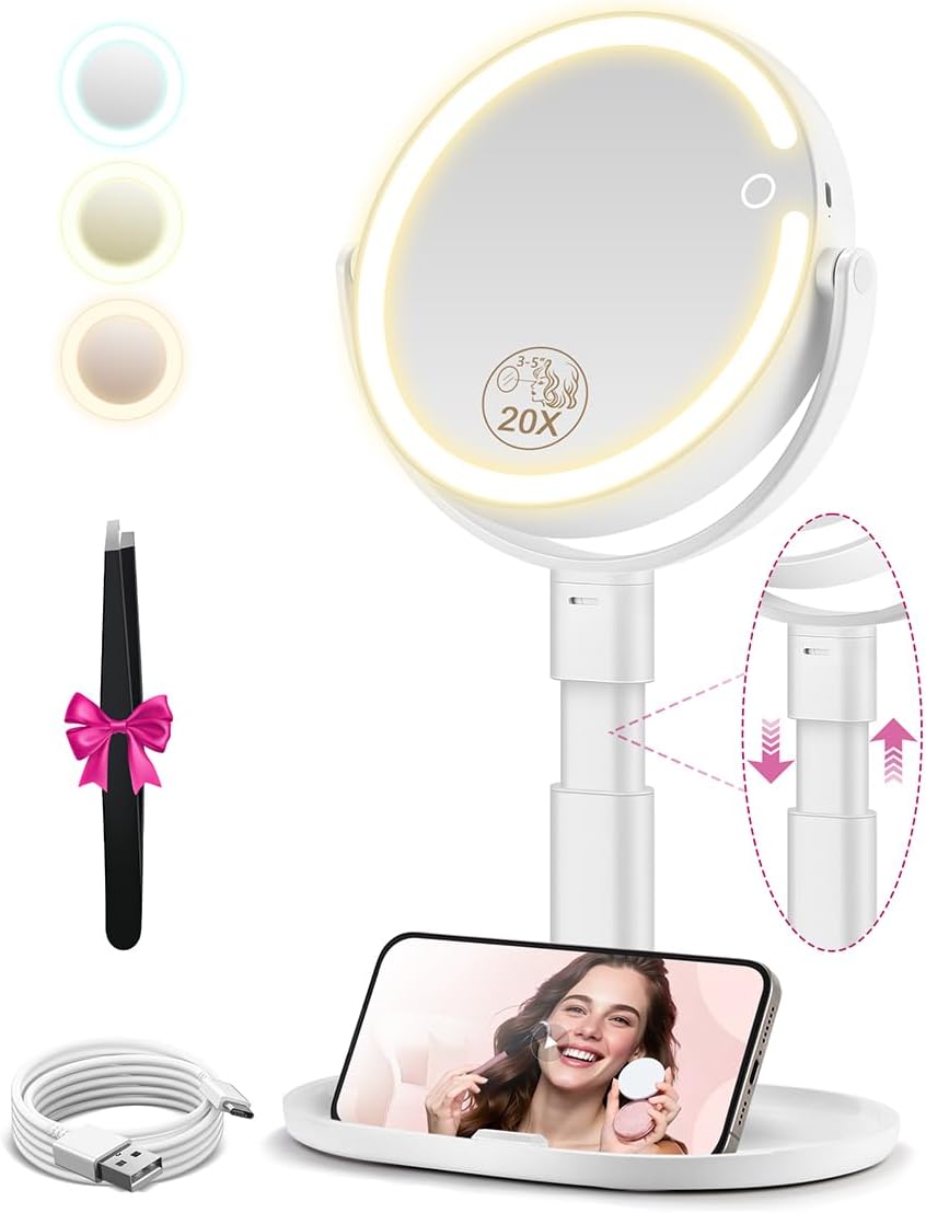 Makeup Mirror with Lights, 20X Magnifying Mirrors, Height Adjustable