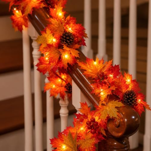 Fall Decorations Lighted Fall Garland with Pinecones and Berries