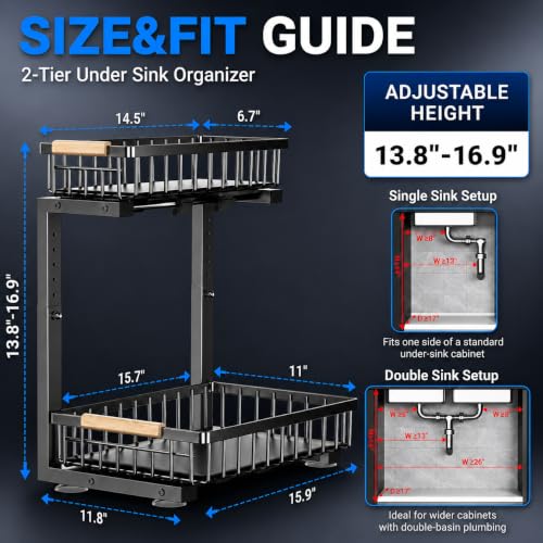 Under Sink Organizer 2 Pack, Double Slide Out Metal Shelf, Black