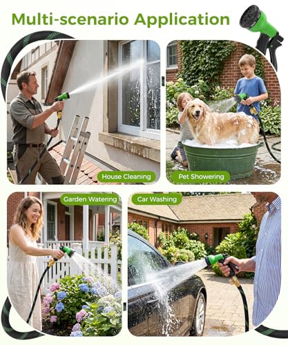 100ft Garden Hose，Non-Expandable Water Hose with 8 Function Spray Nozzle