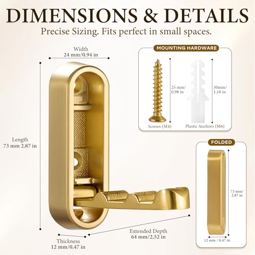 Folding Wall Hooks, 2 Pack Gold Heavy Duty Coat Hooks, Screw Mounted