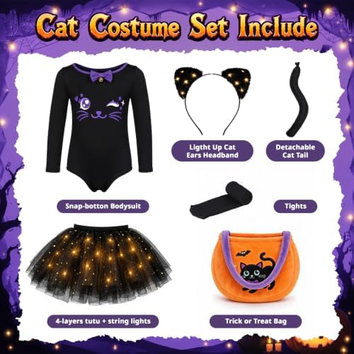 Halloween Black Cat Costume for Girls Kids, Light Up Outfit Set