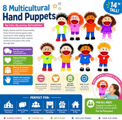 Fun Express Hand Puppets for Kids, 8 Multicultural, 14 Inch