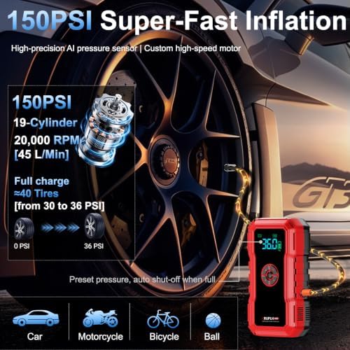 Portable Car Battery Jump Starter with Air Compressor - 9000A 150PSI