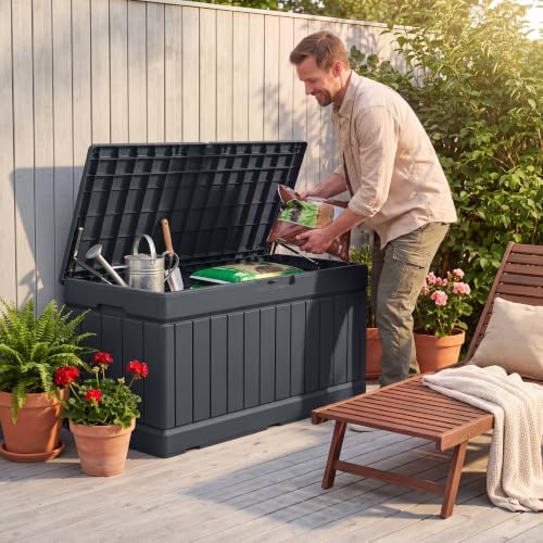 Greesum 82 Gallon Resin Deck Box, All Weather Outdoor Storage, Dark Gray