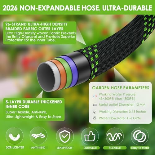 100 ft Non-Expanding Garden Hose, 360° Anti-Kink Swivel Fittings