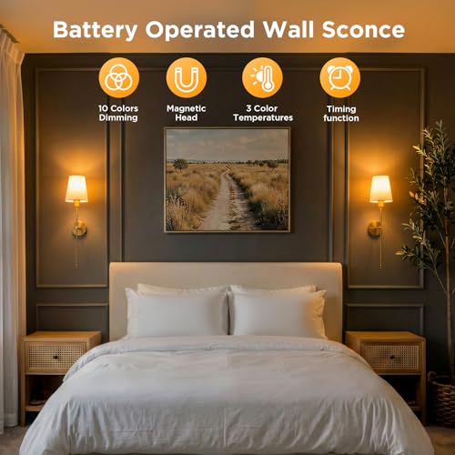 Brightown Battery Operated Wall Sconces Set of Two,Gold Sconces Wall Decor
