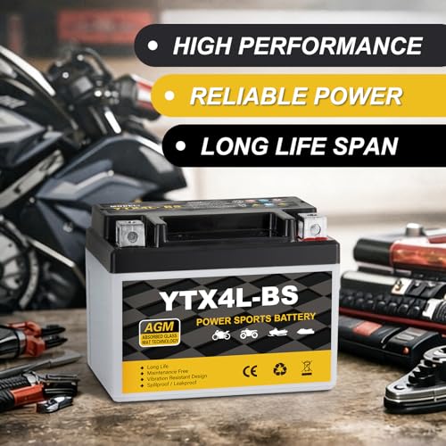 YTX4L-BS Motorcycle Battery 12V 3Ah, 70 CCA Sealed AGM Rechargeable