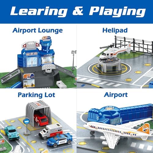 XDUOYJOY Airplane Toy Set with Trucks, Helicopter, Planes, Airport Playmat