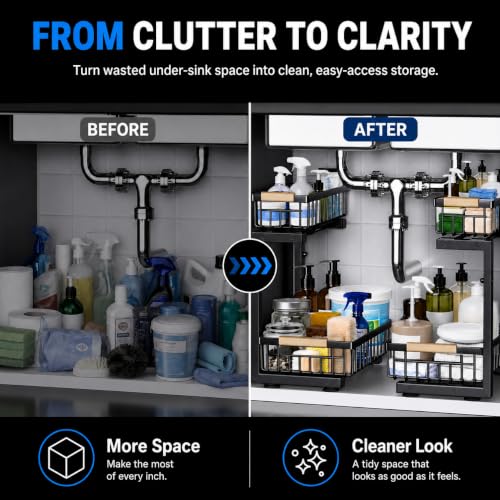 Under Sink Organizer 2 Pack, Double Slide Out Metal Shelf, Black