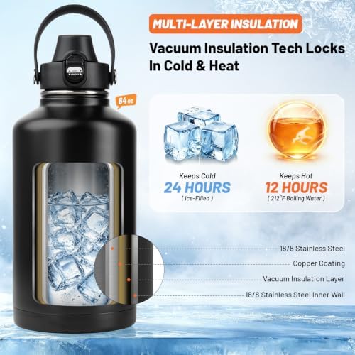 64oz Insulated Water Bottle Leak Proof with Carrier Bag for Sports