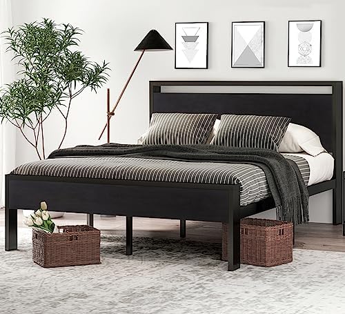 SHA CERLIN Full Size Bed Frame, Wooden Headboard and Footboard, Black Oak