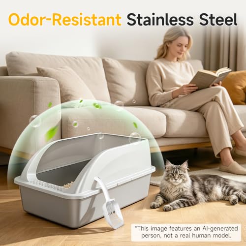XL Open Top Stainless Steel Litter Box with High Sides,Light Gray