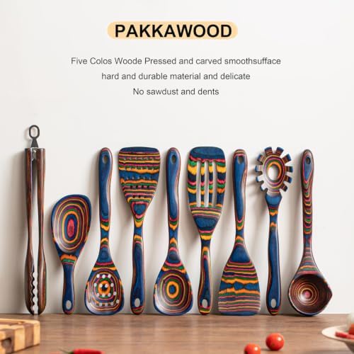 9-Piece Blue Pakkawood Cooking Utensil Set,Soup Ladle with Pour Spout and Wooden Tongs