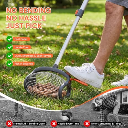 GAINO Nut Gatherer Roller with Foot Pedal, Acorn Picker Upper & Bag