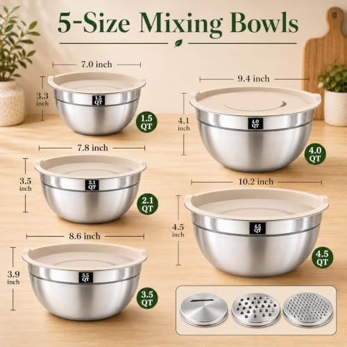 8PCS Stainless Steel Mixing Bowls with Lids - 5PCS Nesting Bowls
