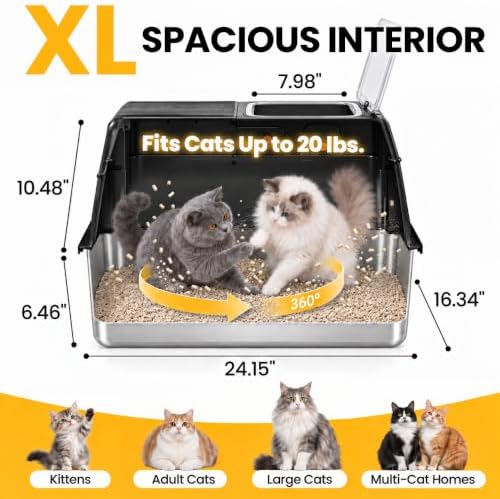 Stainless Steel Litter Box with Lid, Extra Large Enclosed Cat Litter Box for Big Cats