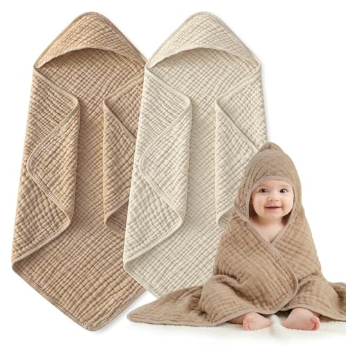 Muslin Hooded Baby Towels 2 Pack, 100% Cotton Baby Bath Towels for Newborn