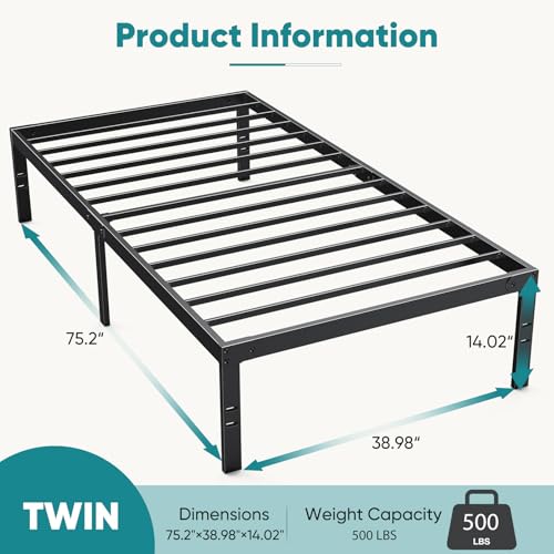 OLIXIS Twin Metal Platform Bed Frame - 14in High Heavy Duty Mattress