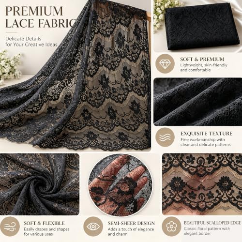 CONGREGATE Floral Lace Fabric 1 Yard 59 Inch Wide Black 100% Polyester Non Stretch Lace