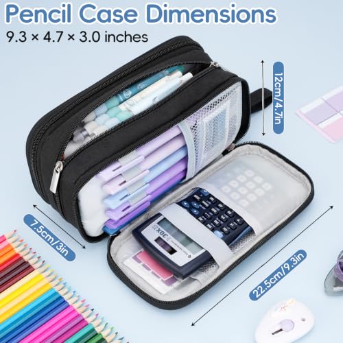 Pencil Case Large Capacity, 3 Compartment Black Big Pen Pouch with Zipper