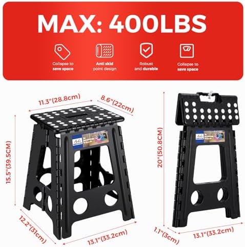 ACKO 16 Inch Folding Step Stool with Safety Lock, Holds 400 lbs, Black