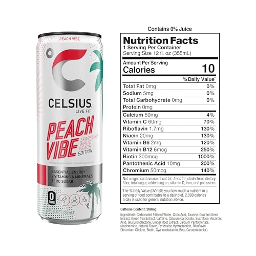 CELSIUS PEACH VIBE Sparkling White Peach, Sugar Free Energy Drink, 12 Fl Oz