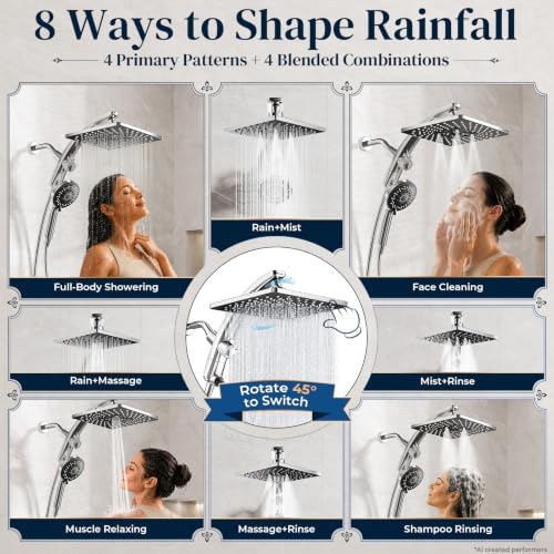 Veken 10" Square Shower Head with Handheld,8 Functions Rainfall,Power Wash