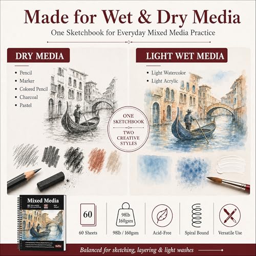 SuFly Mixed Media Sketchbook 9x12, Mixed Media Paper_98lb/160gsm, 60 Sheets