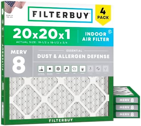 Filterbuy 20x20x1 Air Filter MERV 8 Dust & Allergy Defense (4-Pack)