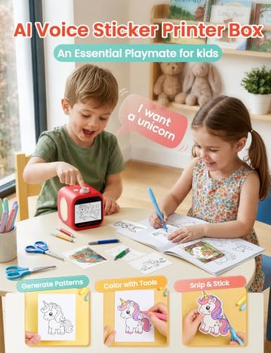 AI Sticker Maker for Kids, Voice‑to‑Sticker Printer Box with Touchscreen