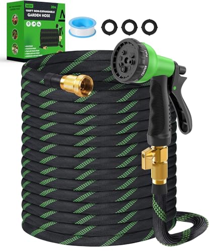 100ft Garden Hose，Non-Expandable Water Hose with 8 Function Spray Nozzle