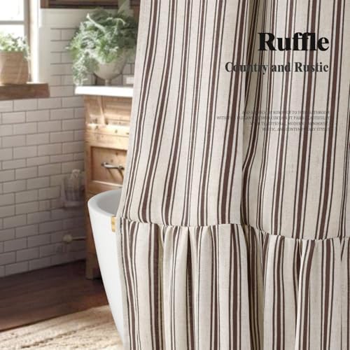 Farmhouse Shower Curtain Ruffle Linen Cream-Brown Stripe 72"W x 72"L