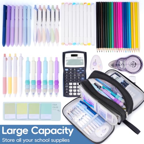 Pencil Case Large Capacity, 3 Compartment Black Big Pen Pouch with Zipper