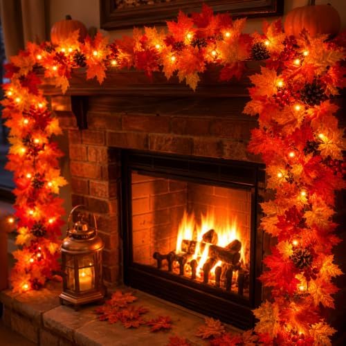 Fall Decorations Lighted Fall Garland with Pinecones and Berries