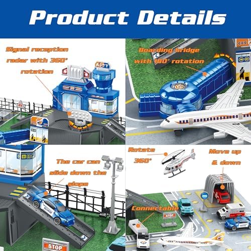 XDUOYJOY Airplane Toy Set with Trucks, Helicopter, Planes, Airport Playmat