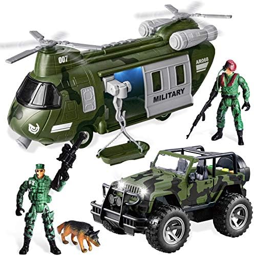 JOYIN Military Vehicles Toy Set of Friction Powered Transport Helicopter and Military