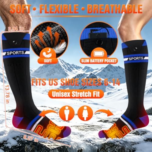 Heated Socks for Men & Women, 16000mAh (2×8000mAh) Rechargeable Batteries
