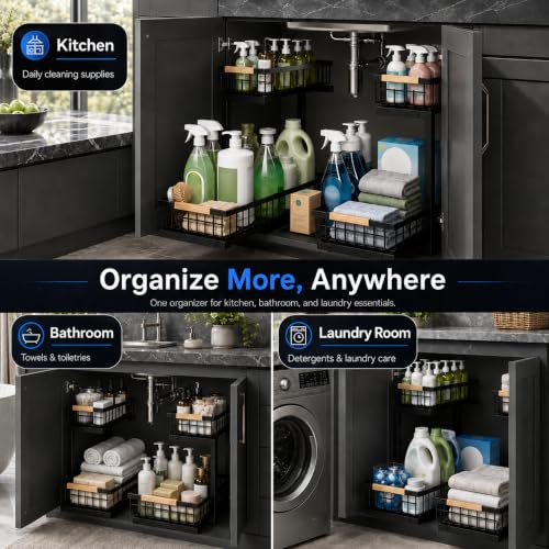 Under Sink Organizer 2 Pack, Double Slide Out Metal Shelf, Black