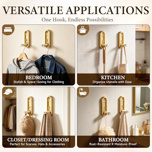 Folding Wall Hooks, 2 Pack Gold Heavy Duty Coat Hooks, Screw Mounted