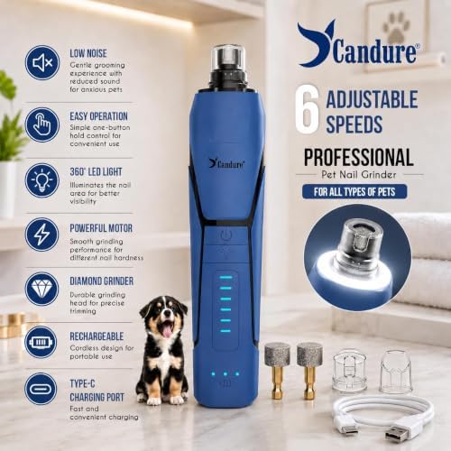 Candure Whisper Quiet Dog Nail Grinder with 360 Degree LED Light