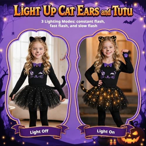 Halloween Black Cat Costume for Girls Kids, Light Up Outfit Set