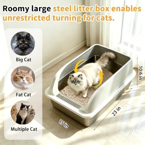 Stainless Steel Cat Litter Box - High Side Pan with Anti-Tracking Step
