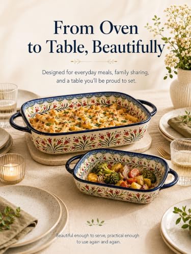 2-Piece Hand-Painted Polish Pottery Style Ceramic Baking Dish Set