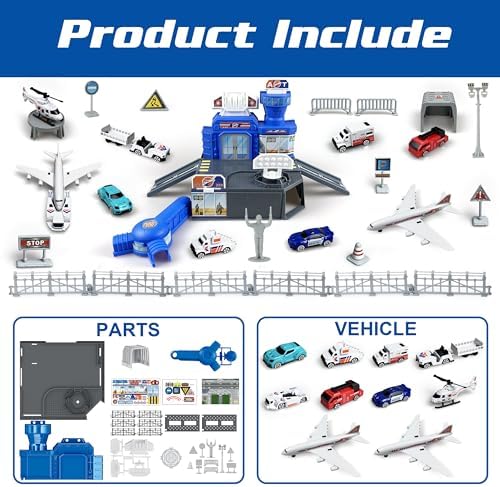 XDUOYJOY Airplane Toy Set with Trucks, Helicopter, Planes, Airport Playmat